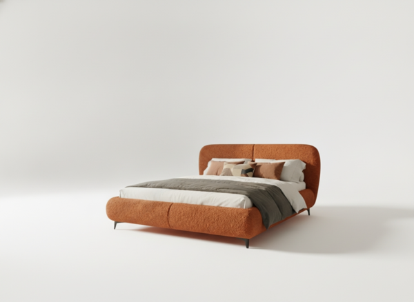 Curved upholstered storage bed — burnt orange