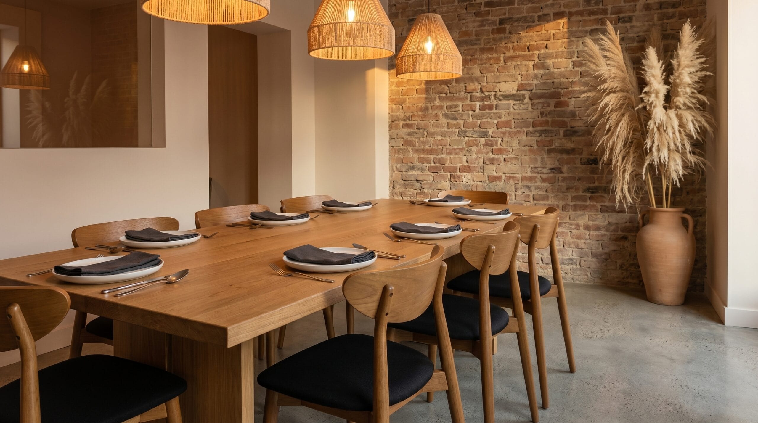 Restaurant dining room with upholstered seating and solid wood tables