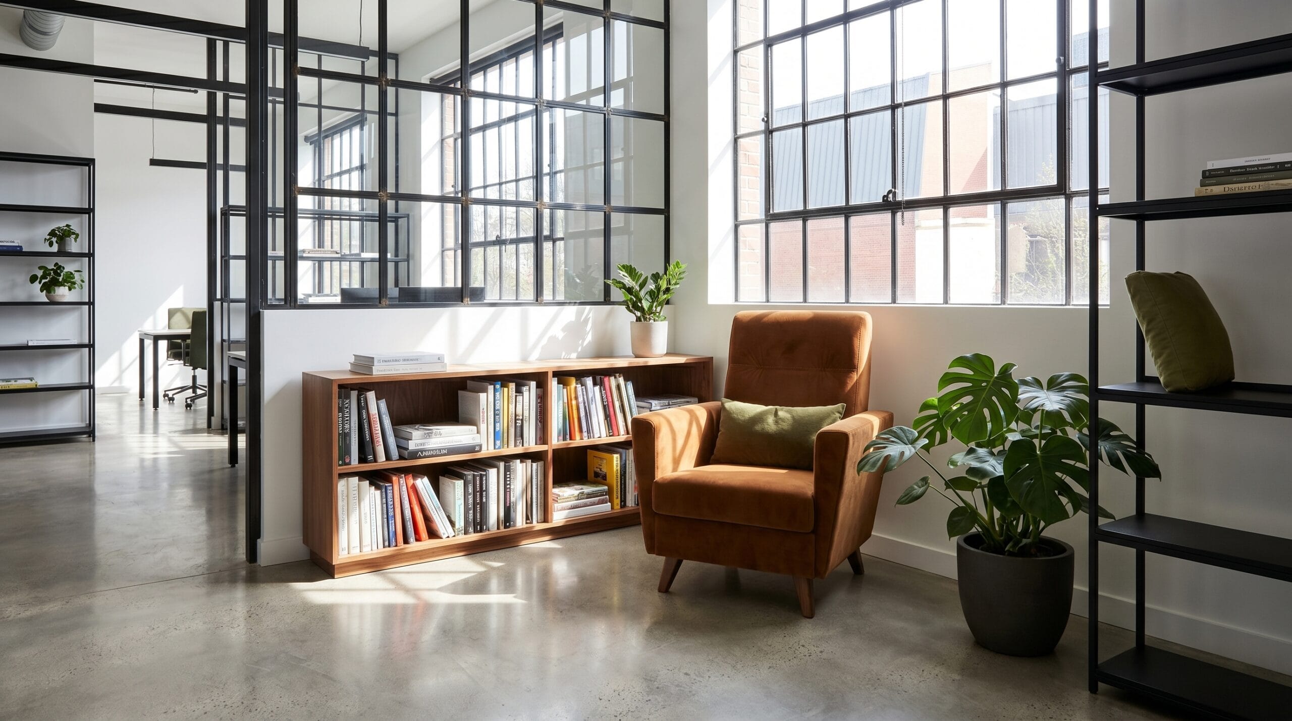 Office reception and waiting area with soft seating and low tables