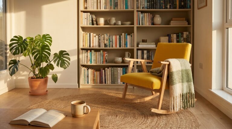 Upholstered rocking chair in a warm living room