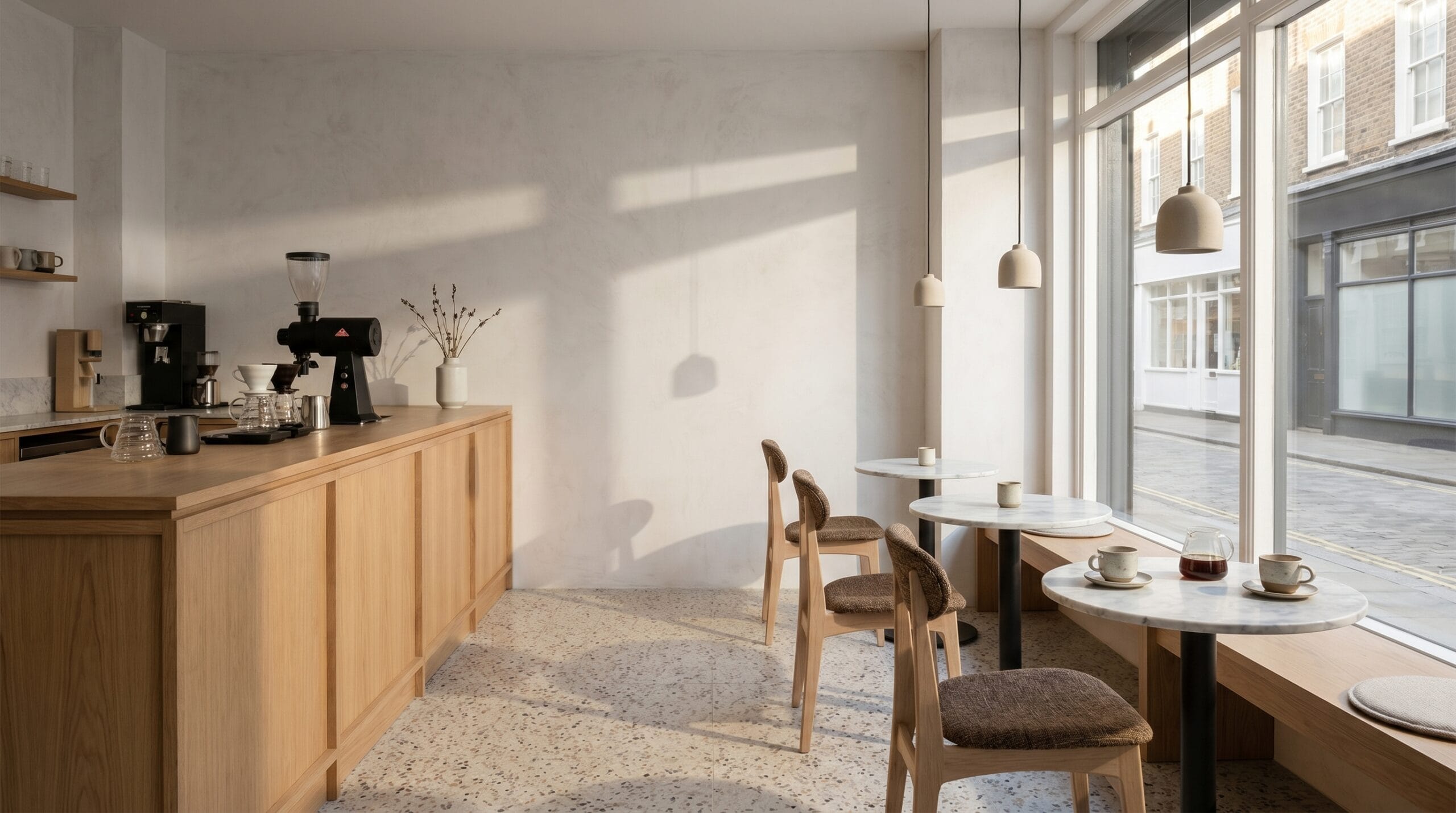 Upholstered chairs and wooden tables in a specialty coffee shop interior