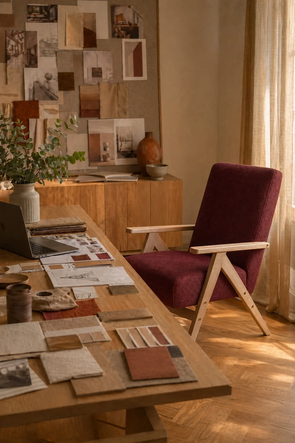 Interior designer arranging fabric and wood samples for a furniture project