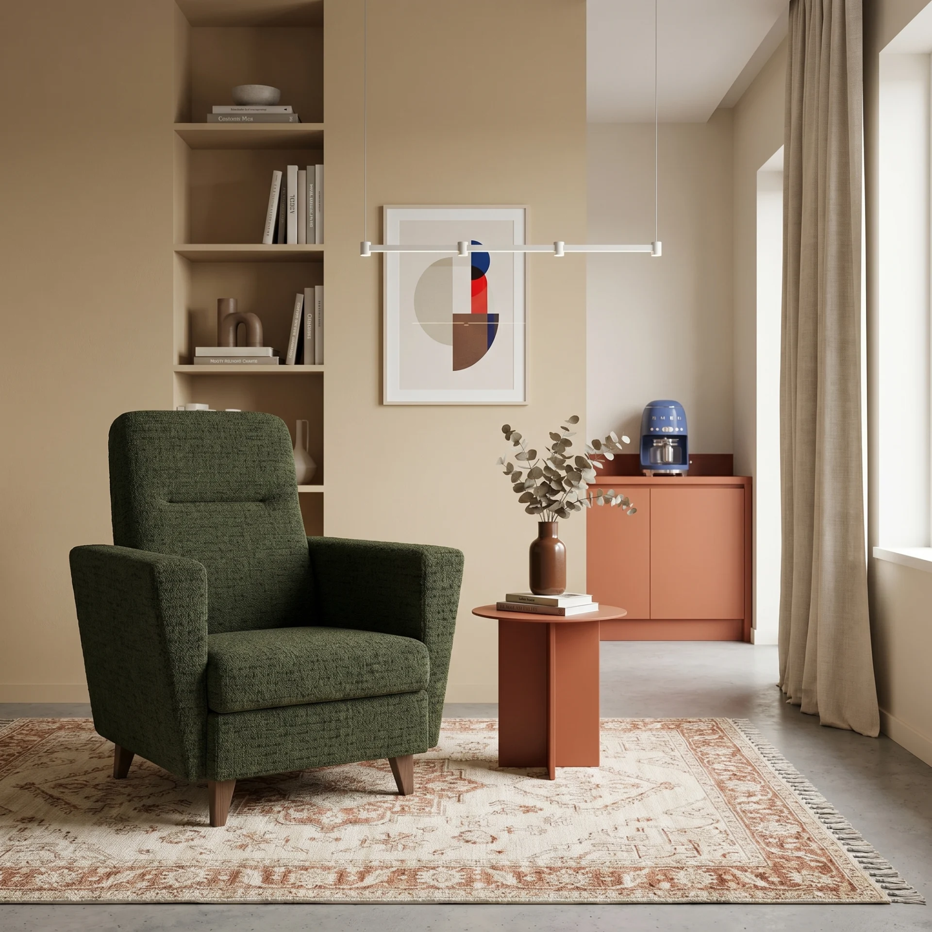 Green upholstered armchair in a hotel guest room