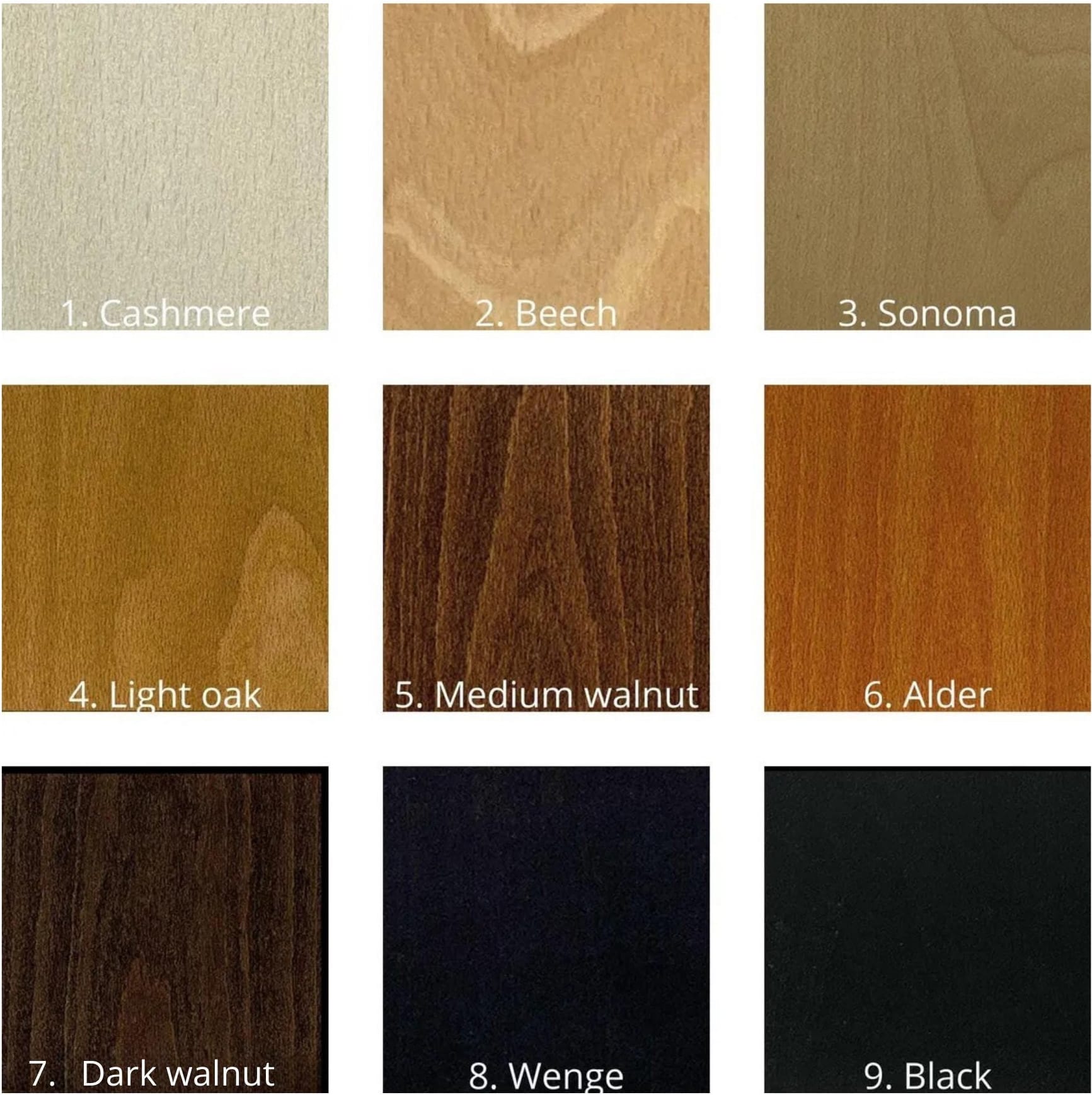 Nine wood finishes available for the solid beech wood dining chair