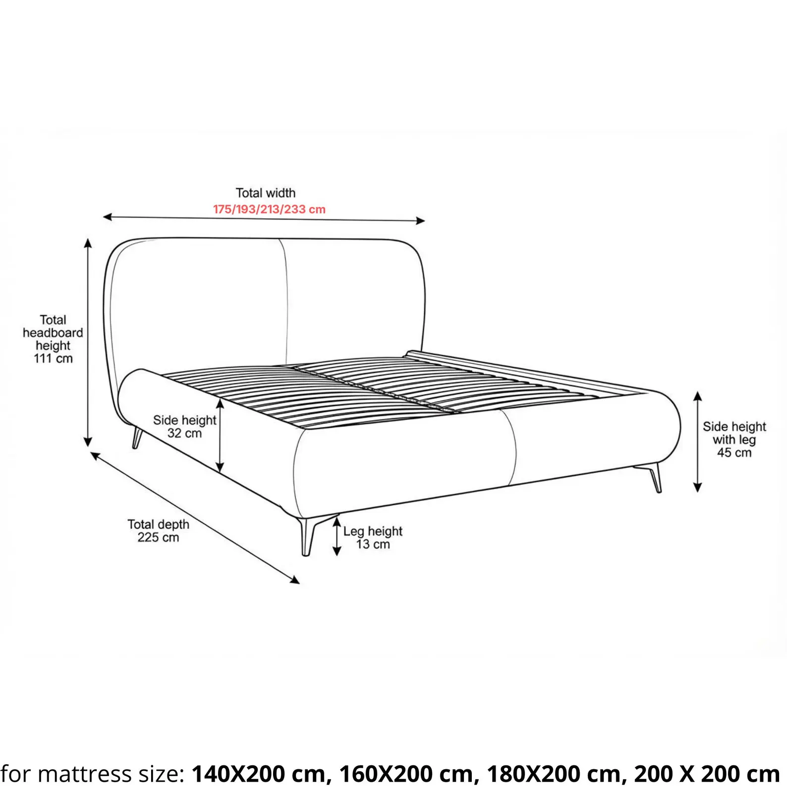 The Bed No. 2 dimensions for four available mattress sizes