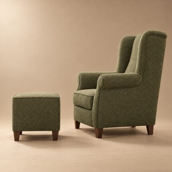Wing-back armchair No. 10 upholstered in Barrel fabric on solid beech legs