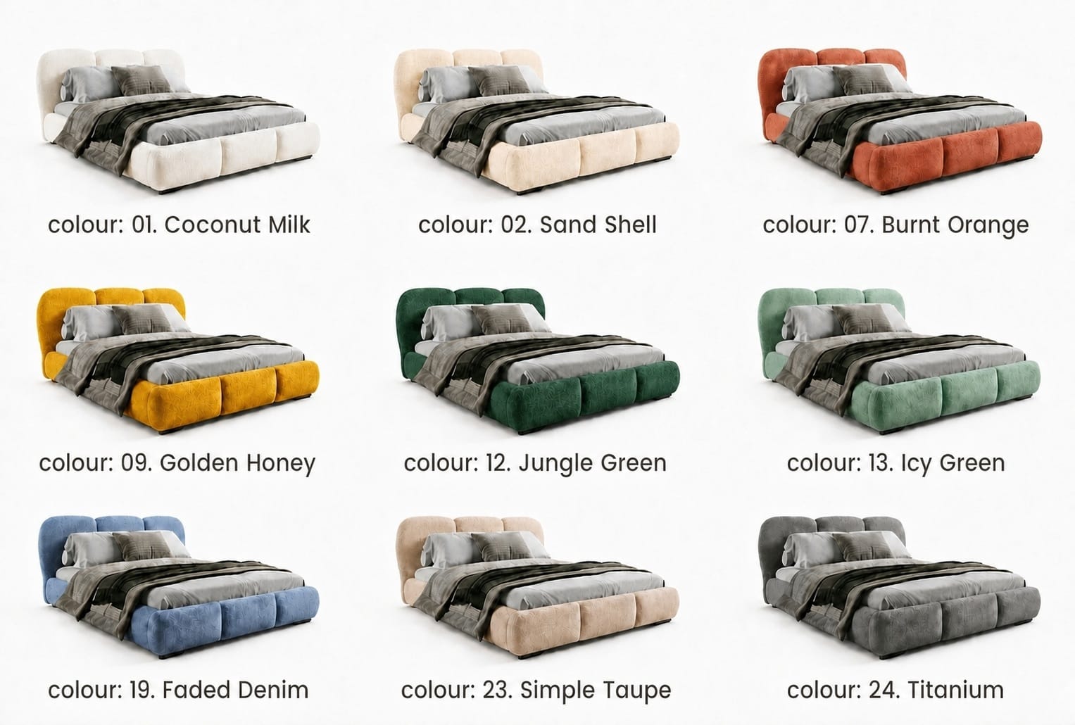 Chenille storage bed – The Bed No. 3 in nine Catch Me upholstery colours