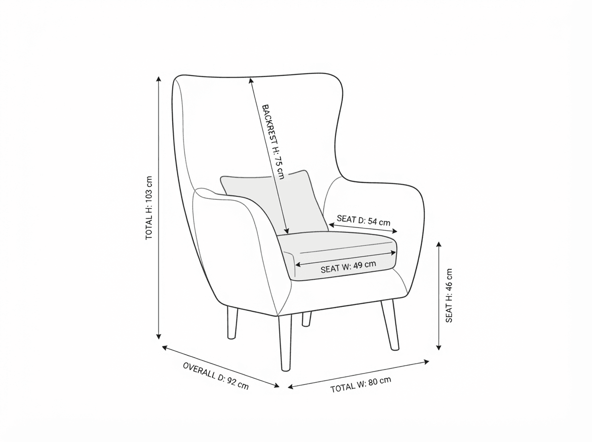 The Armchair No. 5 dimensions diagram: width 80 cm, depth 92 cm, height 103 cm, seat height 46 cm