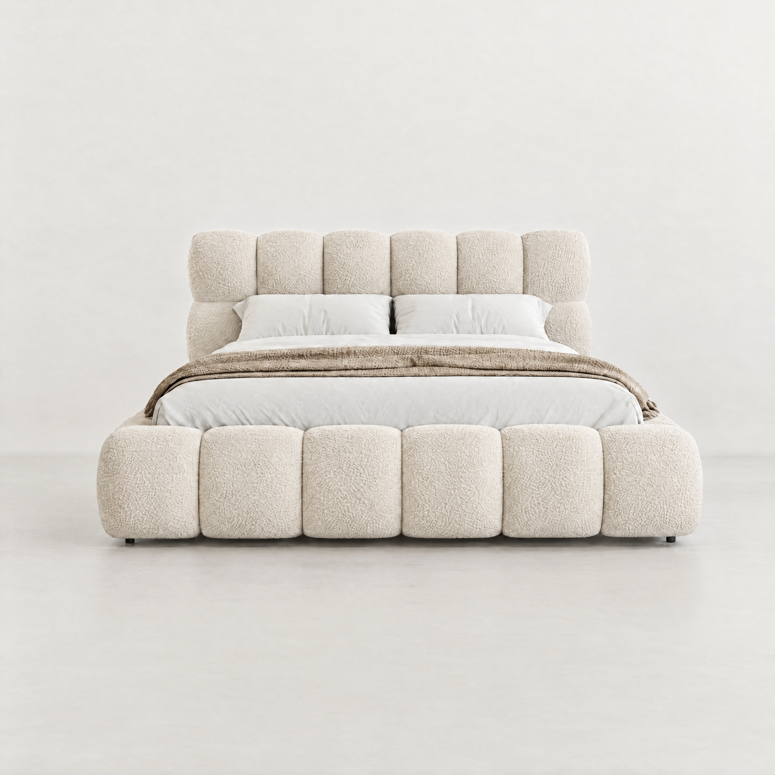 The Bed No. 8, quilted chenille storage bed in Catch Me CM-01 Coconut Milk, solid beech legs — handcrafted furniture by EWAcompany