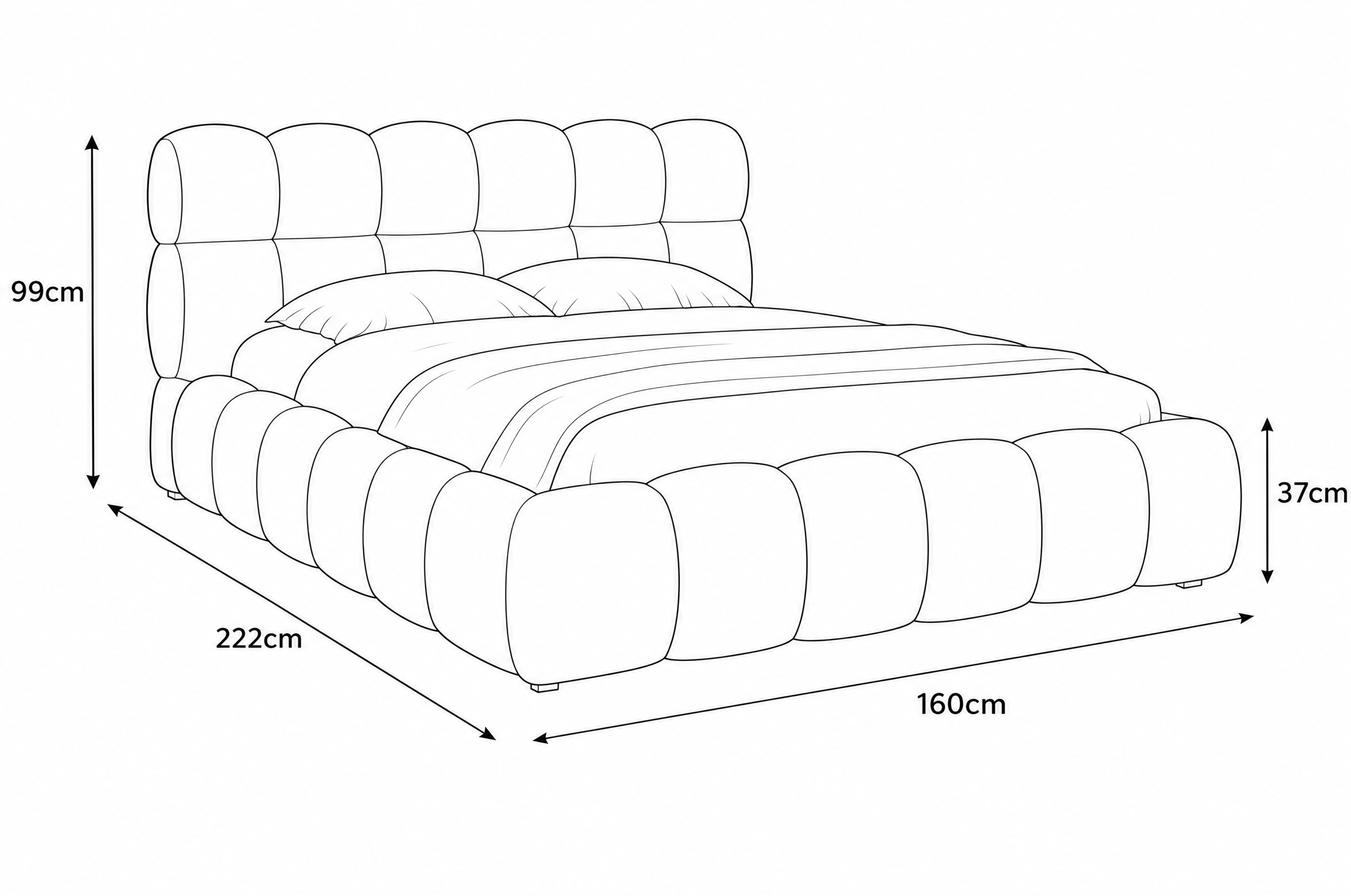 Dimension drawing of The Bed No. 8 - quilted chenille storage bed with measurements in cm