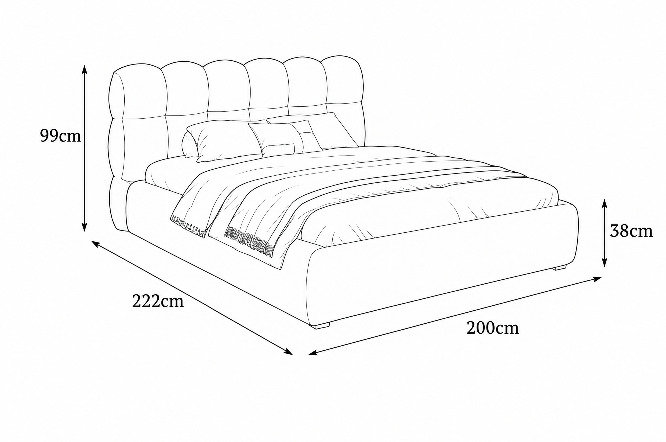 Dimension drawing of The Bed No. 9, upholstered storage bed with a quilted headboard and wooden feet — handcrafted furniture by EWAcompany
