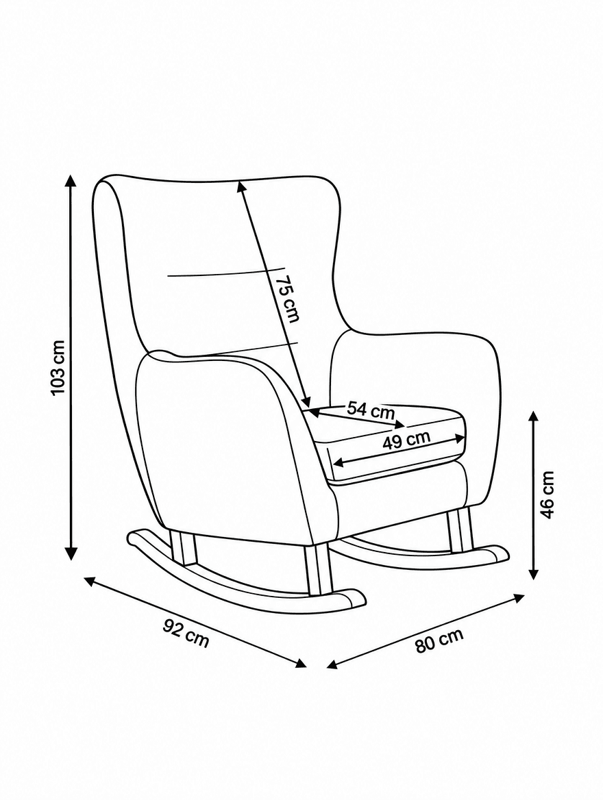 The Rocking Chair No. 5R dimensions diagram: width 80 cm, depth 92 cm, height 103 cm, seat height 46 cm