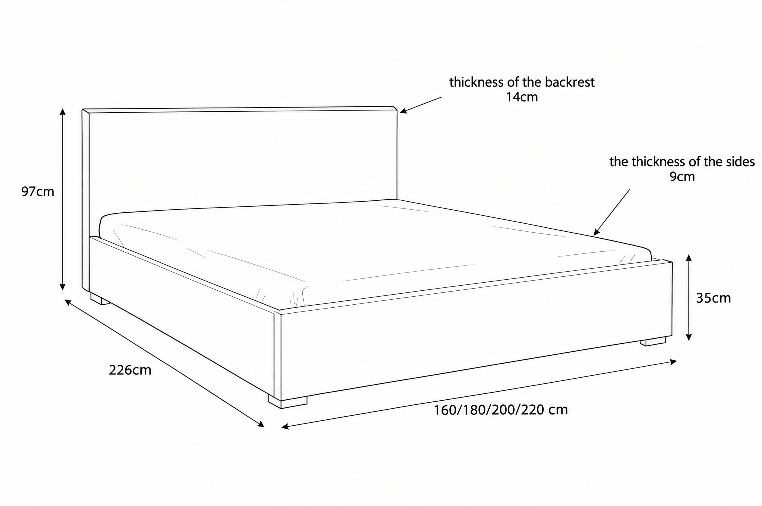 Dimension drawing of The Bed No. 6, minimalist upholstered storage bed with measurements in cm